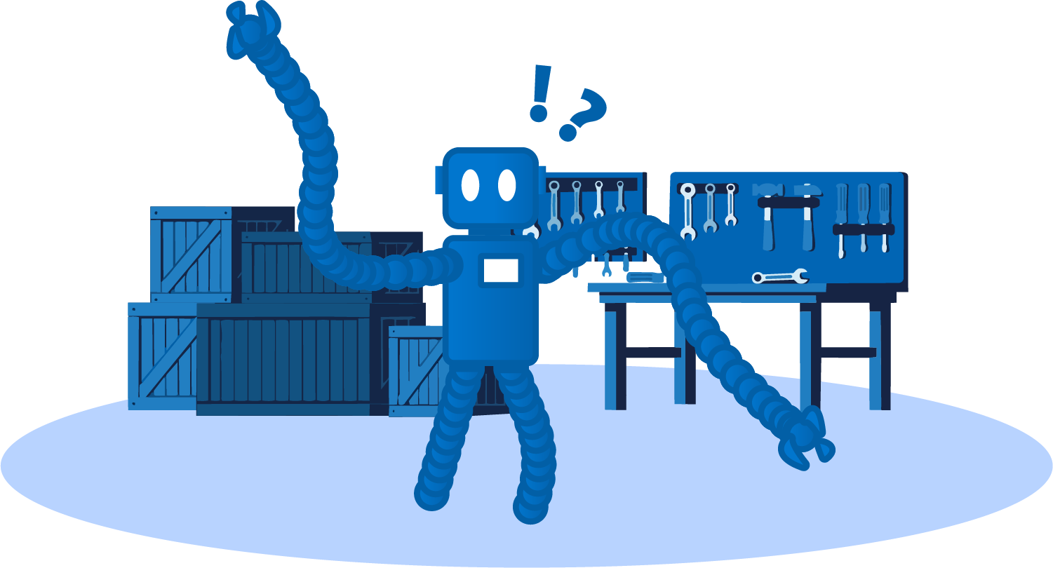 Das Bild zeigt einen verwirrten Roboter vor einem Werktisch. 