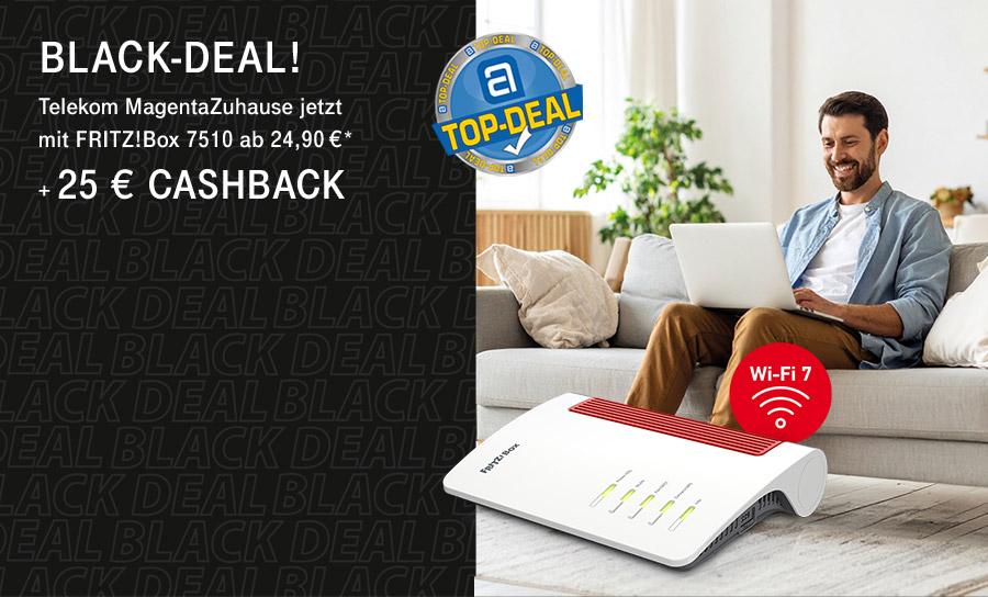 FRITZ!Box 7510 mit Wi-Fi 6 oder FRITZ!Box 7690 mit Wi-Fi 7 ab 24,90 € + 25 € Cashback
