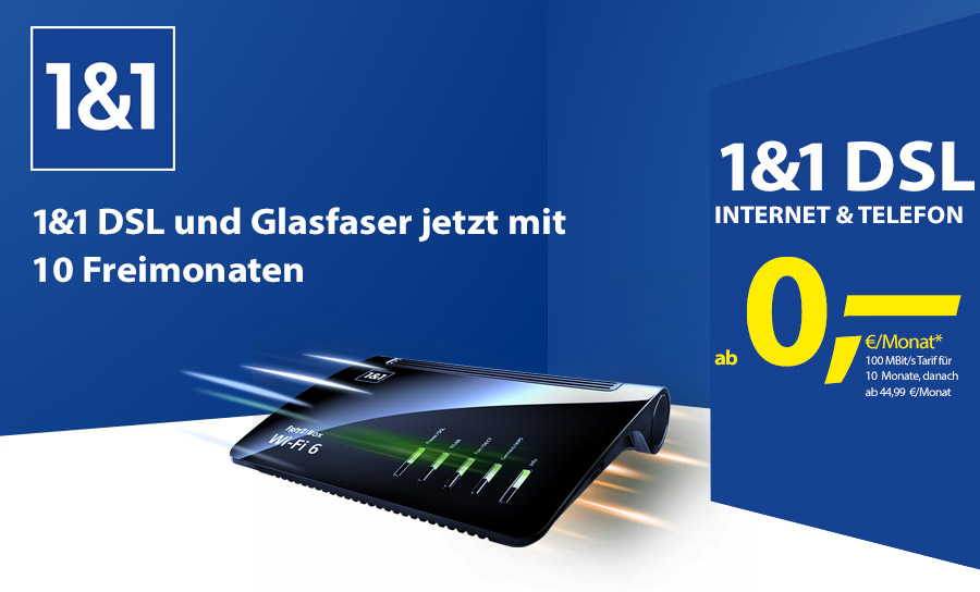 11&1 Aktion: 1&1 DSL 100 oder Glasfaser ab 0,00€/Monat.